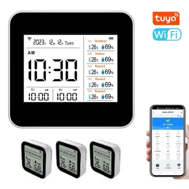13 в 1 Tuya WIFI Интеллектуальный термометр-гигрометр Внутренний точный датчик температуры и влажности Монитор с дисплеем времени/календаря/будильника Поддержка удаленного управления через приложение для домашнего офиса