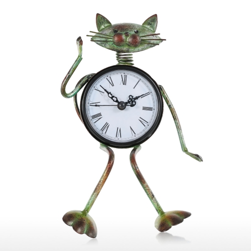 Часы с часами Handmade Vintage Metal Iron Cat Статуэтка Mute Table Clock Практические часы Одна батарея AA